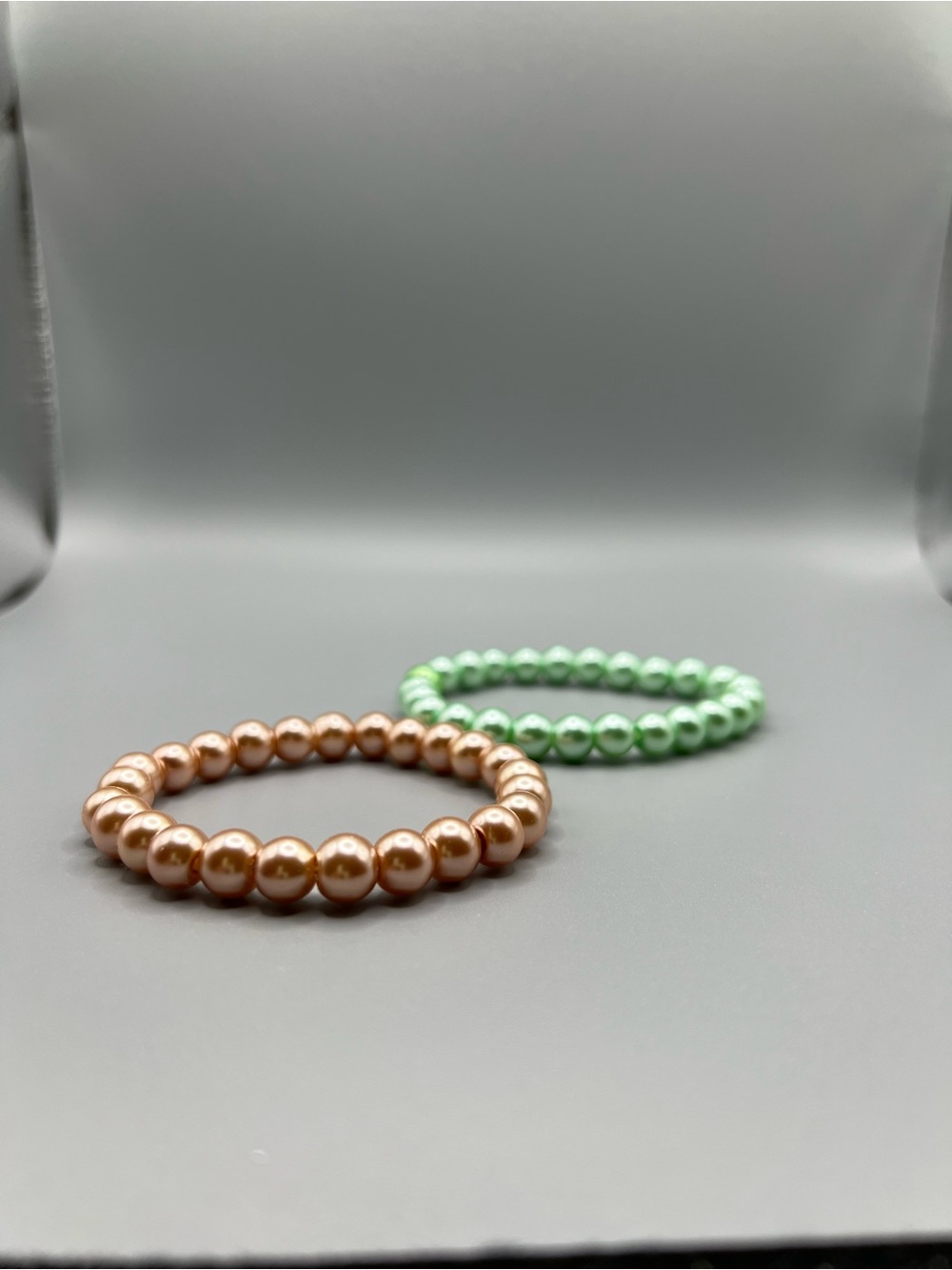 Pearl Bead Stretch Bracelet Set in Peach and Mint - Handmade #B0094T